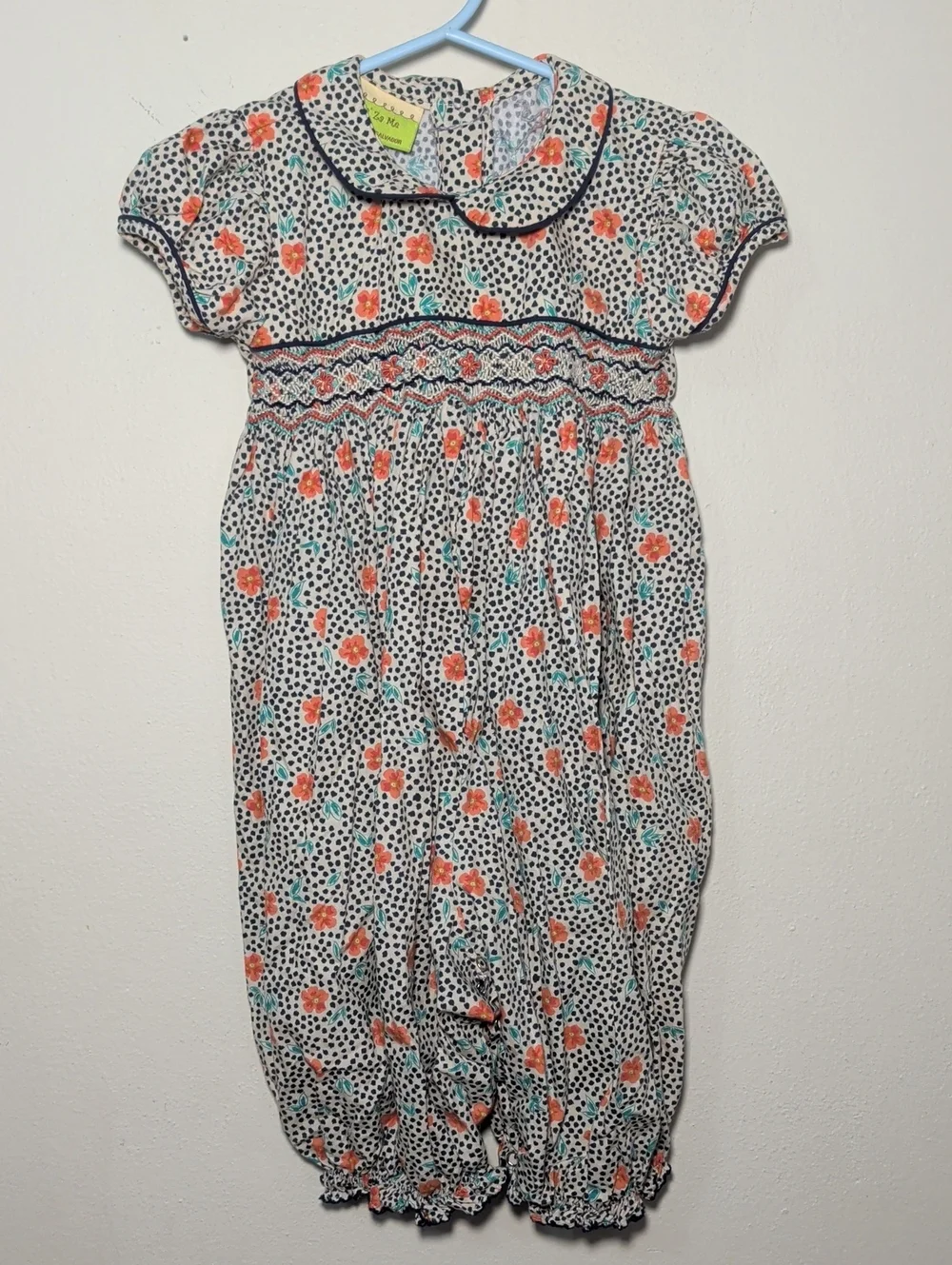 Le' Za Me Smocked Bubble Romper Cream Navy Pink Floral 100% Cotton Girl Size 24M